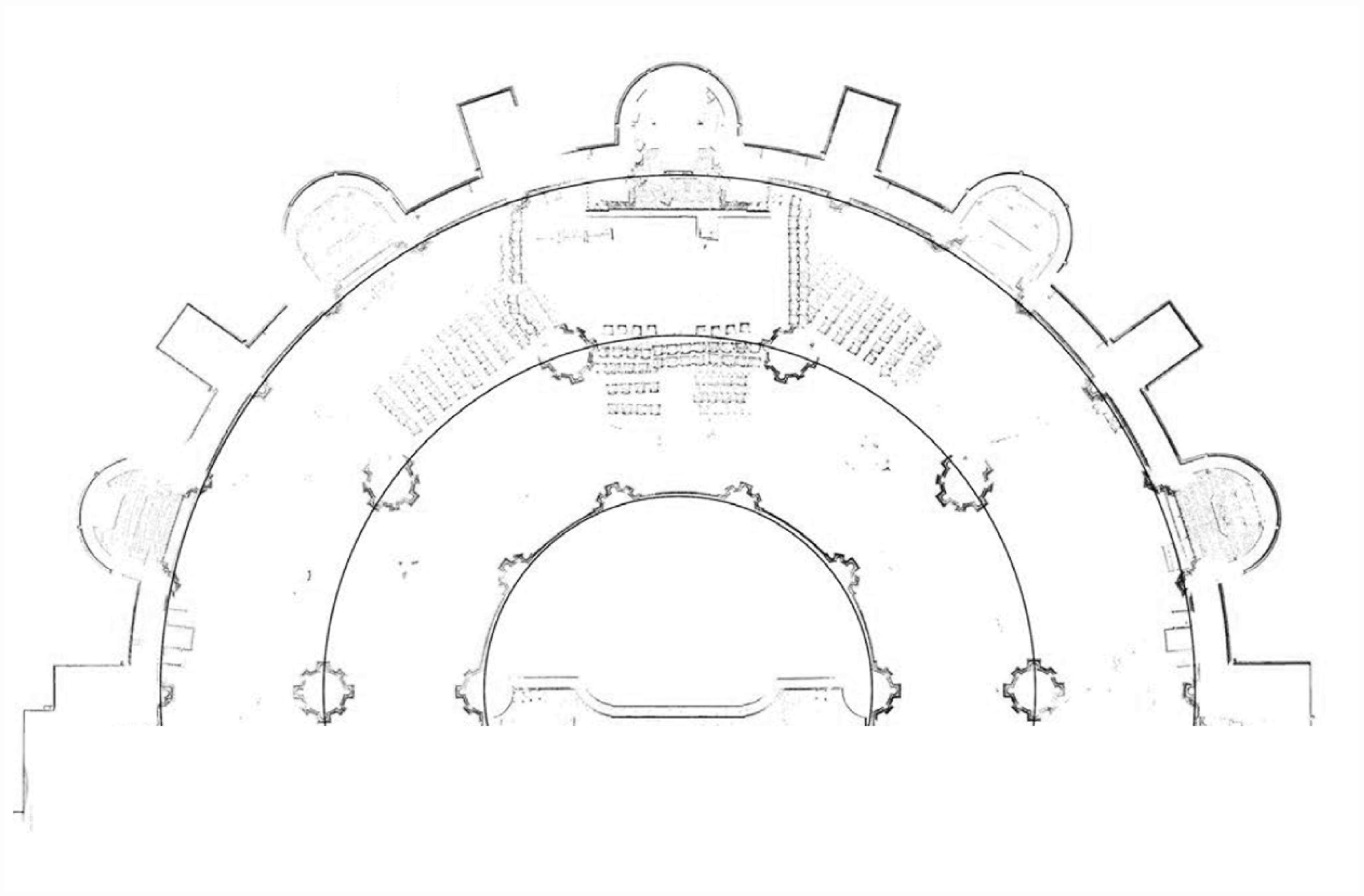 Bourges Cathedral, plan of east end, based on laser scan, with circumscribing circle of radius 24.35m.