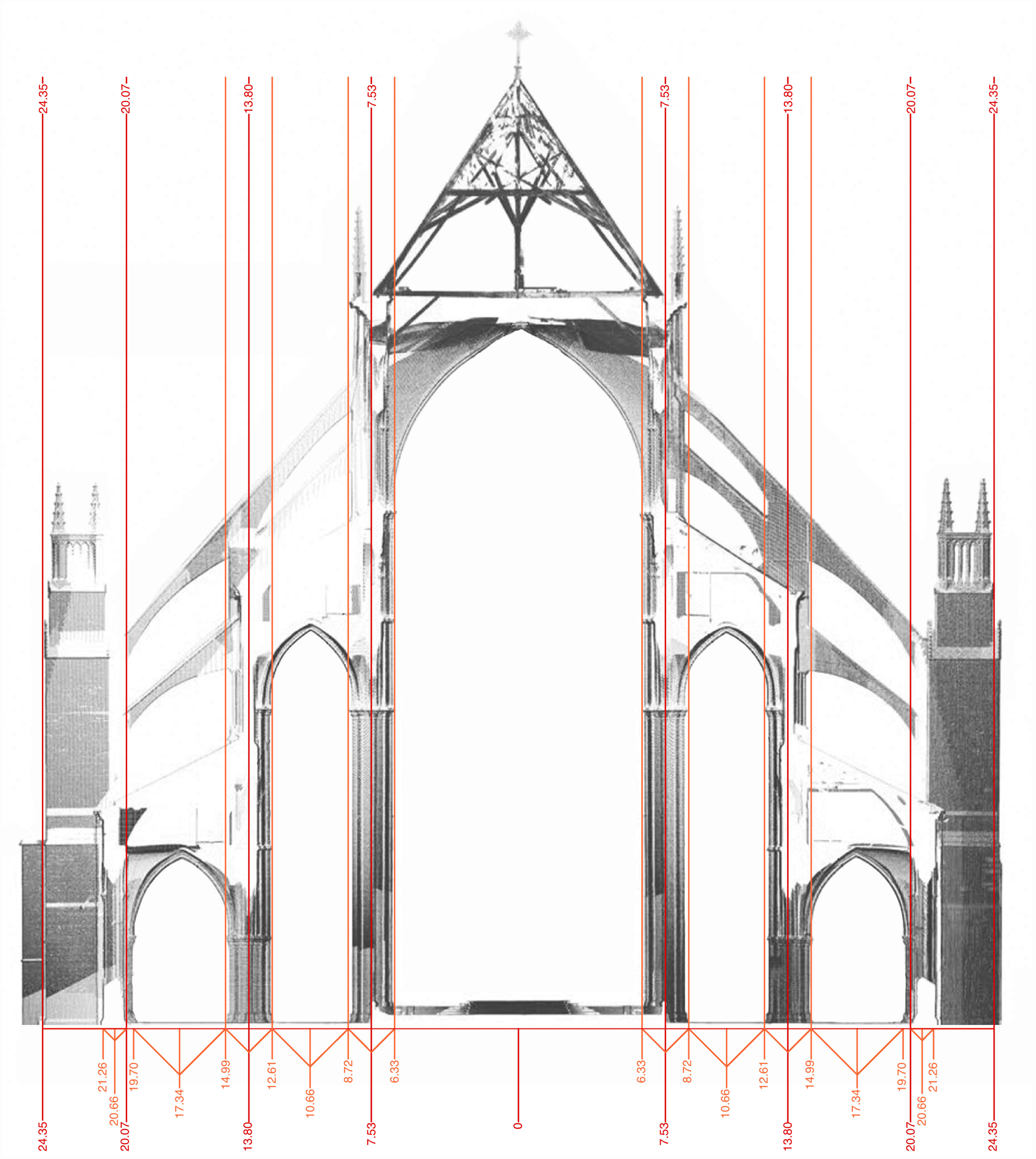 Bourges Cathedral, vertical section of eastern straight bay, showing first two “ad triangulum” trials.