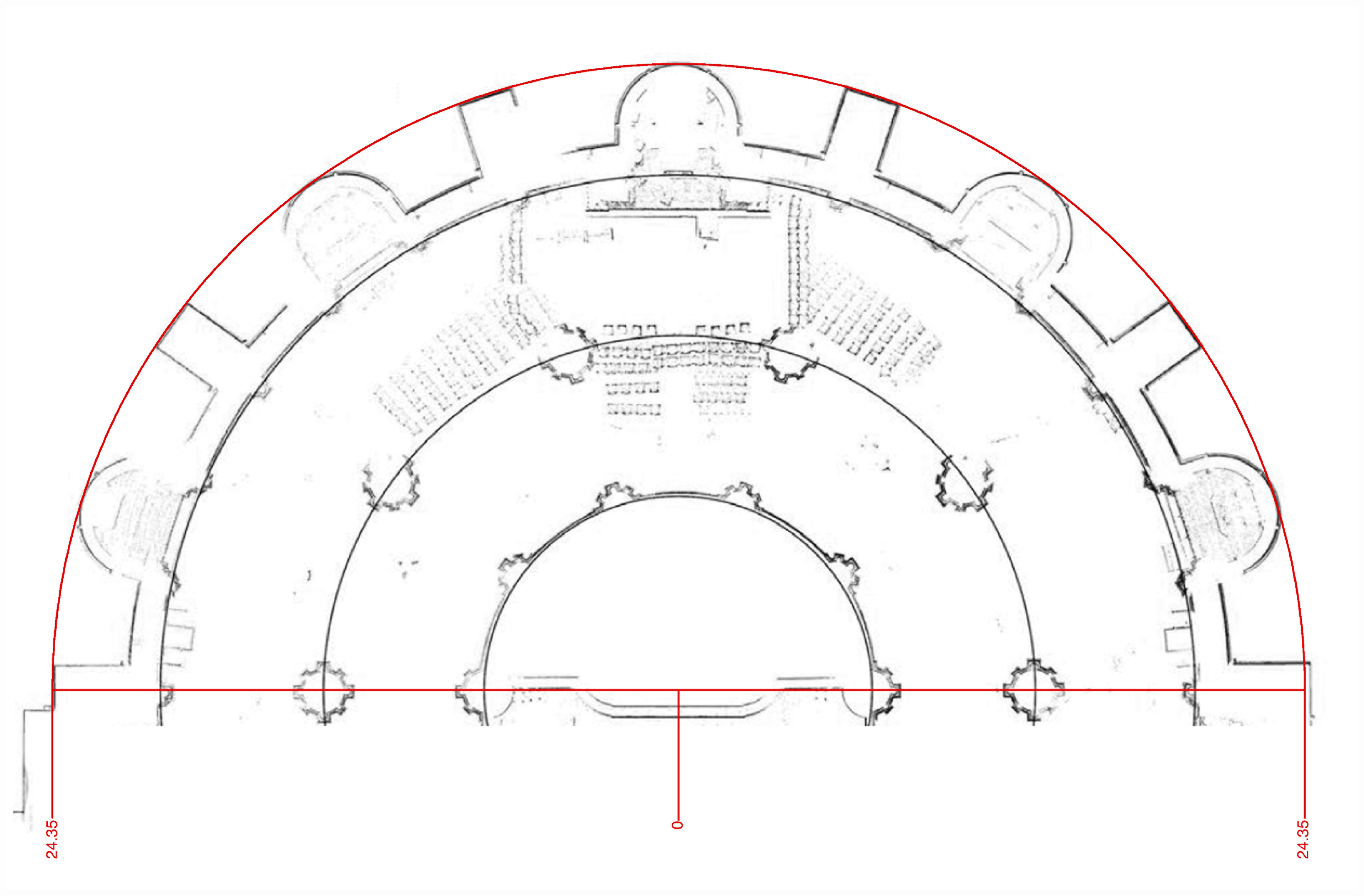 Bourges Cathedral, plan of east end, based on laser scan, with subdivision into 18-degree wedges.