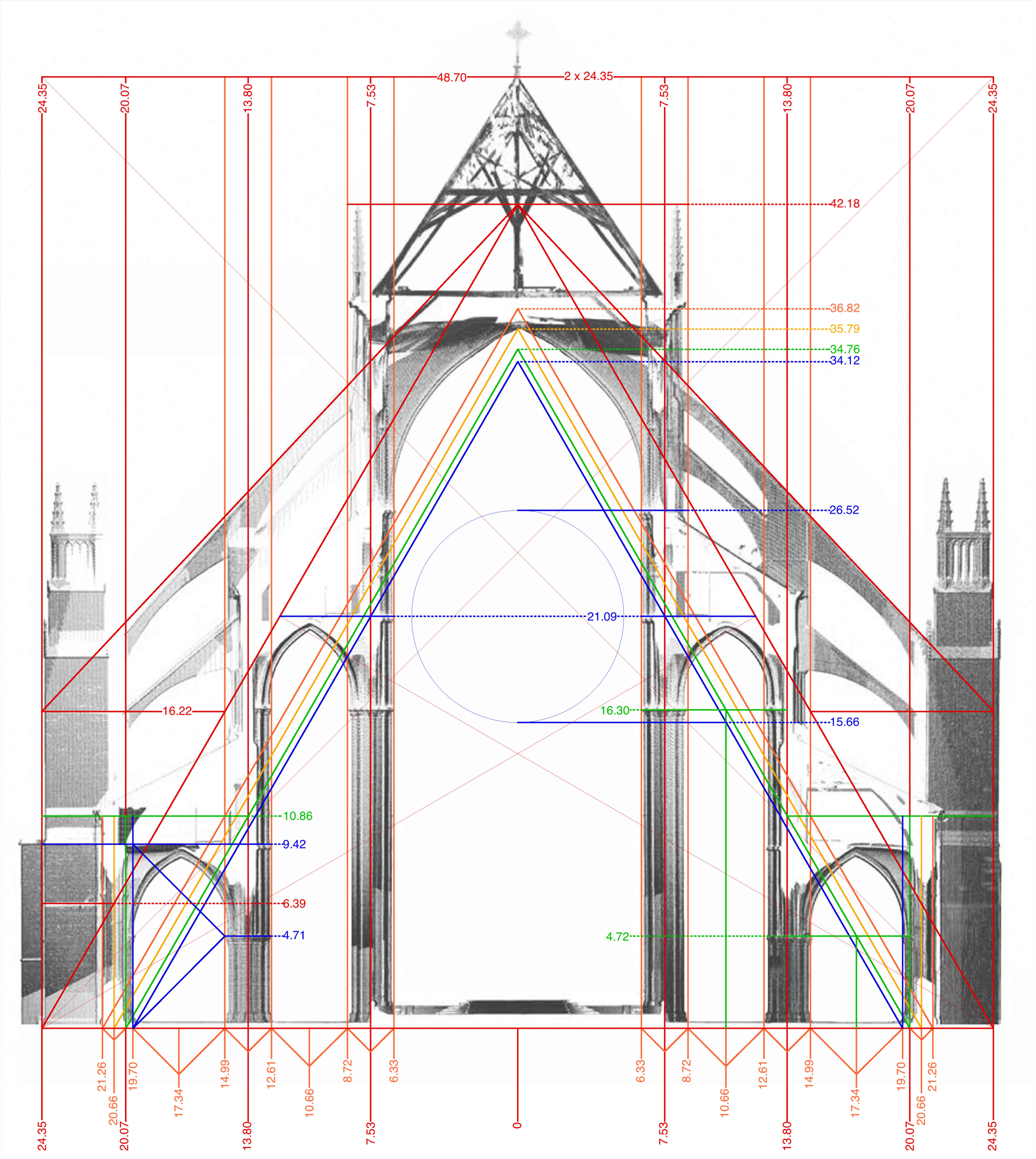 Bourges Cathedral, vertical section of eastern straight bay, showing intrados of lower outer flying buttress.