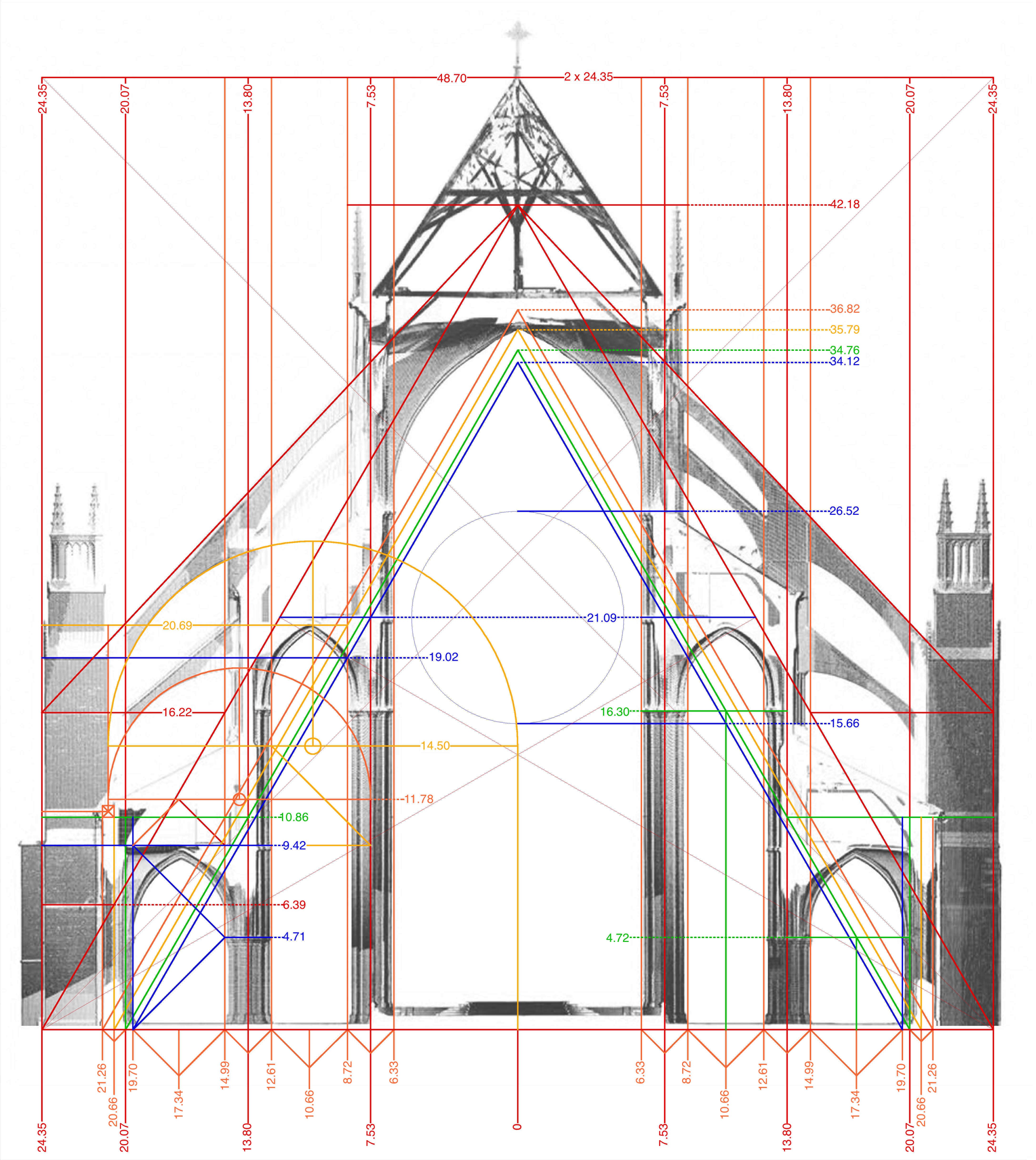 Bourges Cathedral, vertical section of eastern straight bay, showing intrados of lower inner flying buttress.