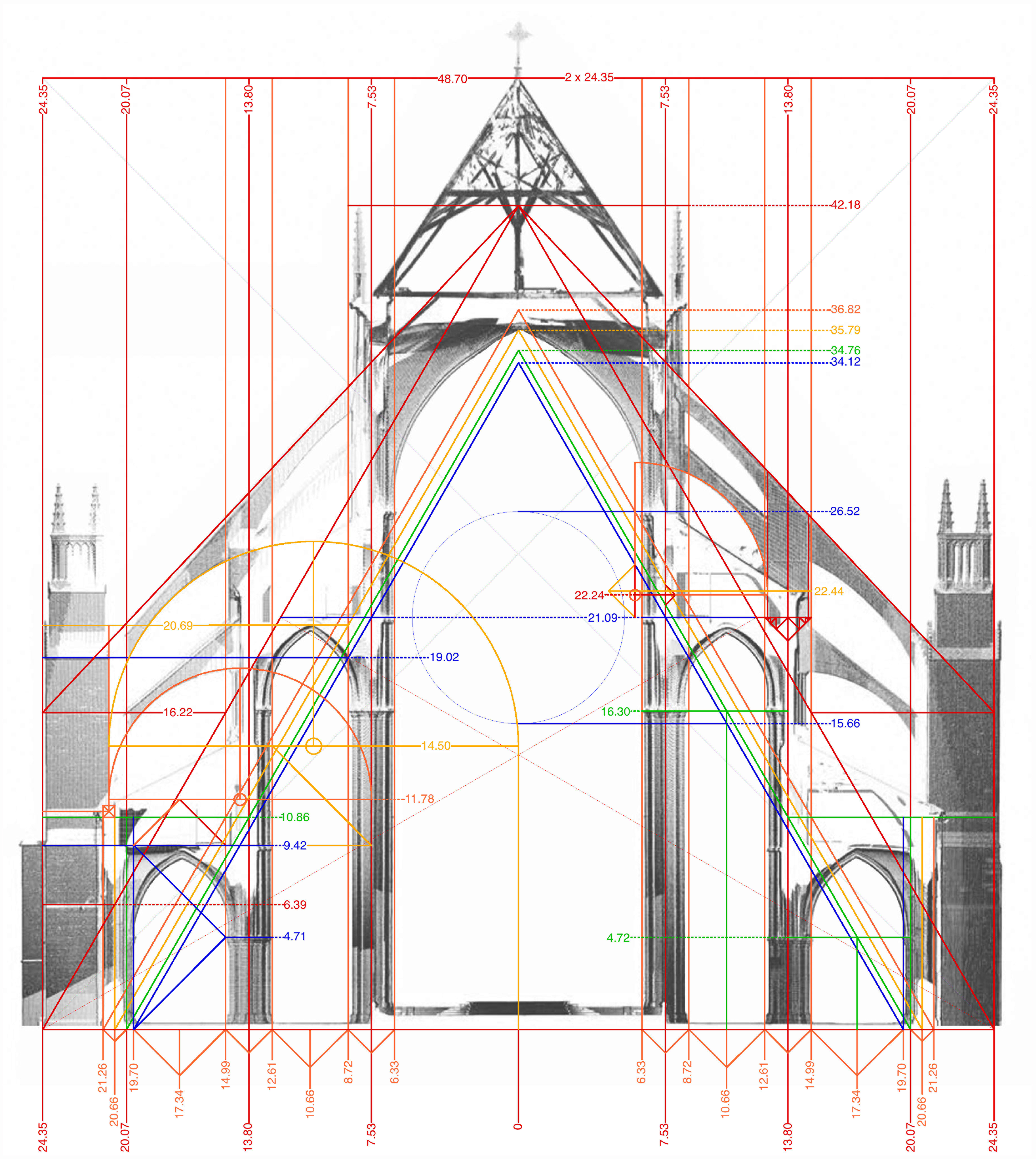 Bourges Cathedral, vertical section of eastern straight bay, showing intrados of upper inner flying buttress.