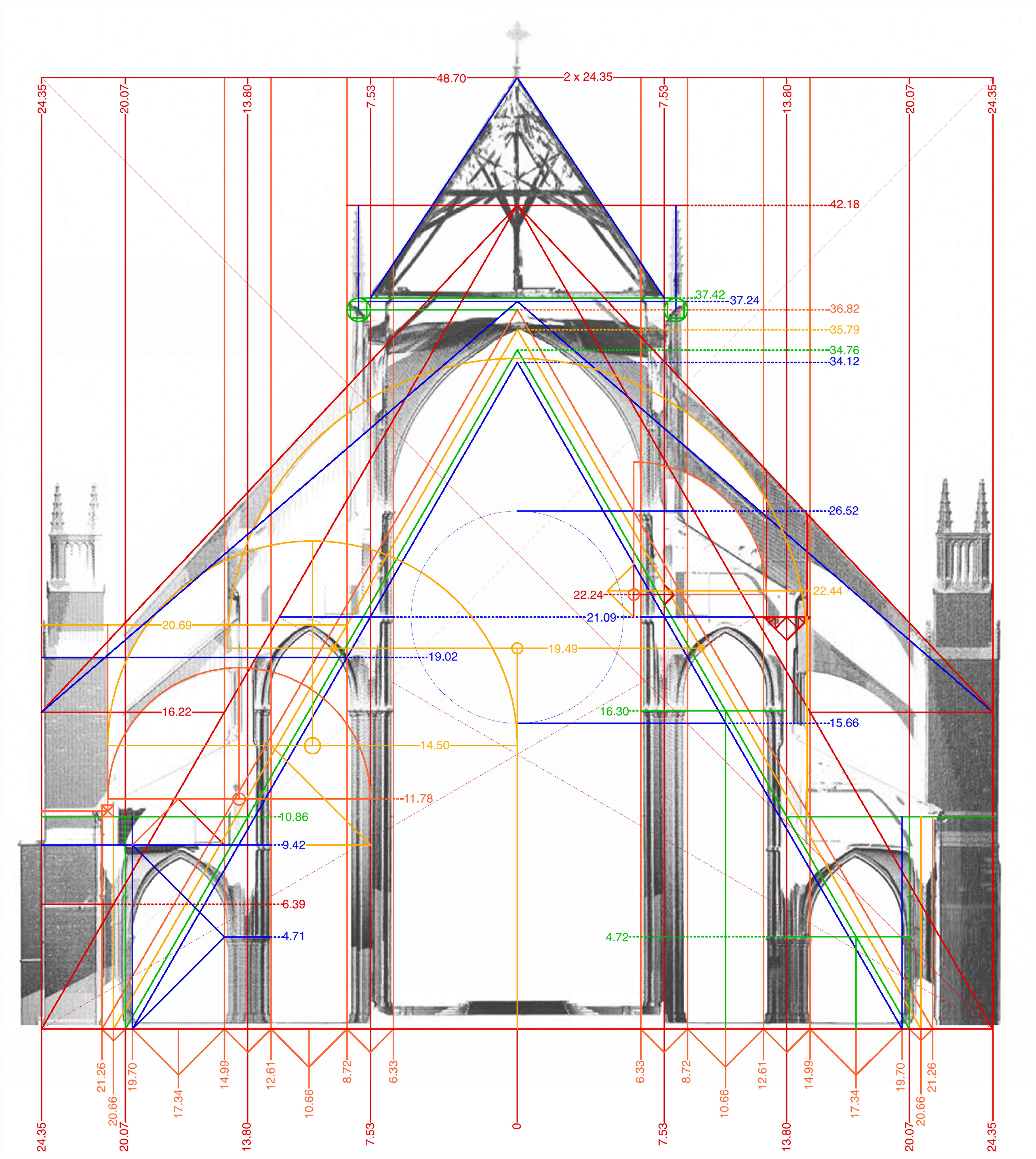 Bourges Cathedral, vertical section of eastern straight bay, showing chord of lower outer flying buttress.