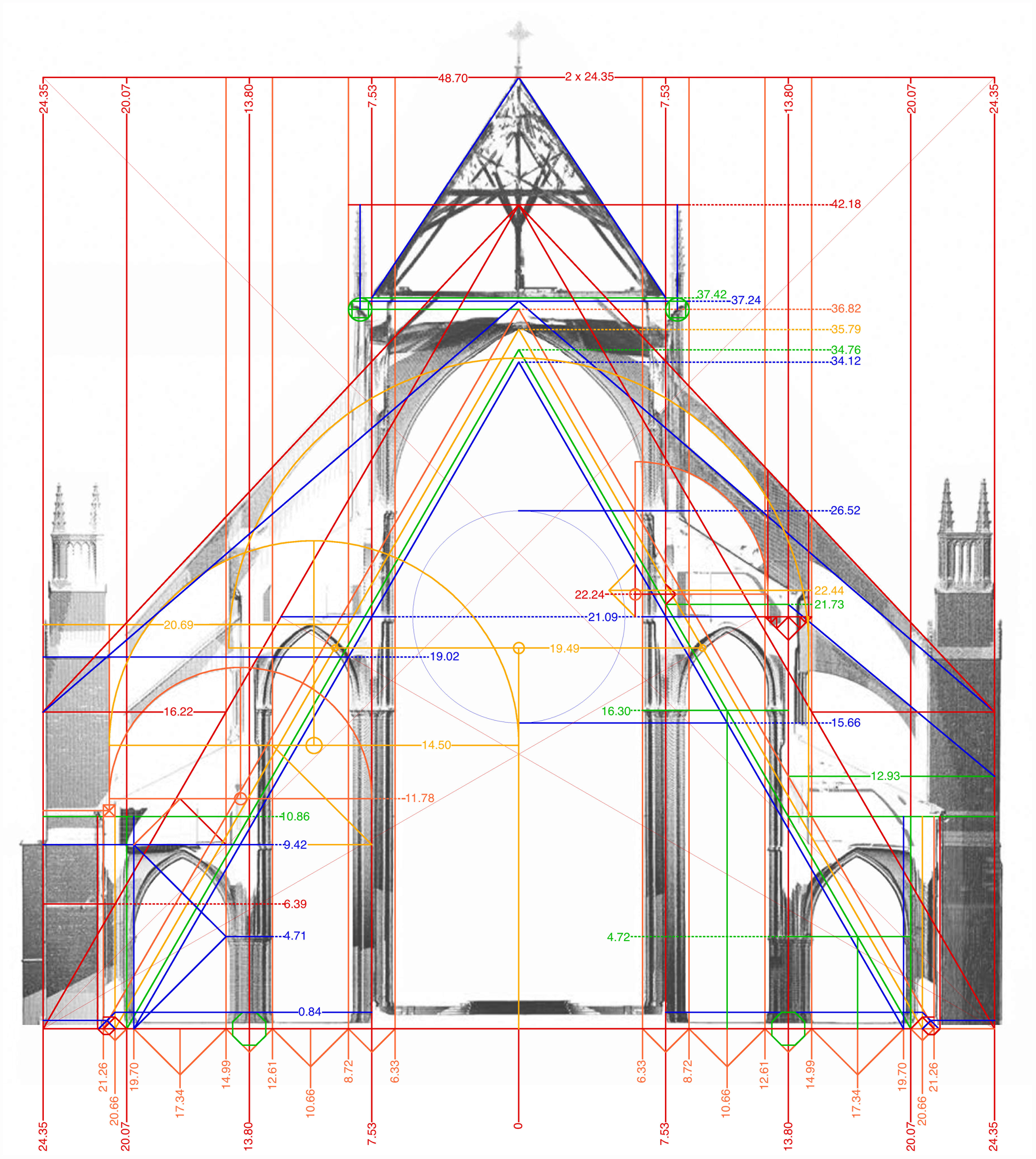 Bourges Cathedral, vertical section of eastern straight bay, showing relationship of great octagon to upper wall structure.