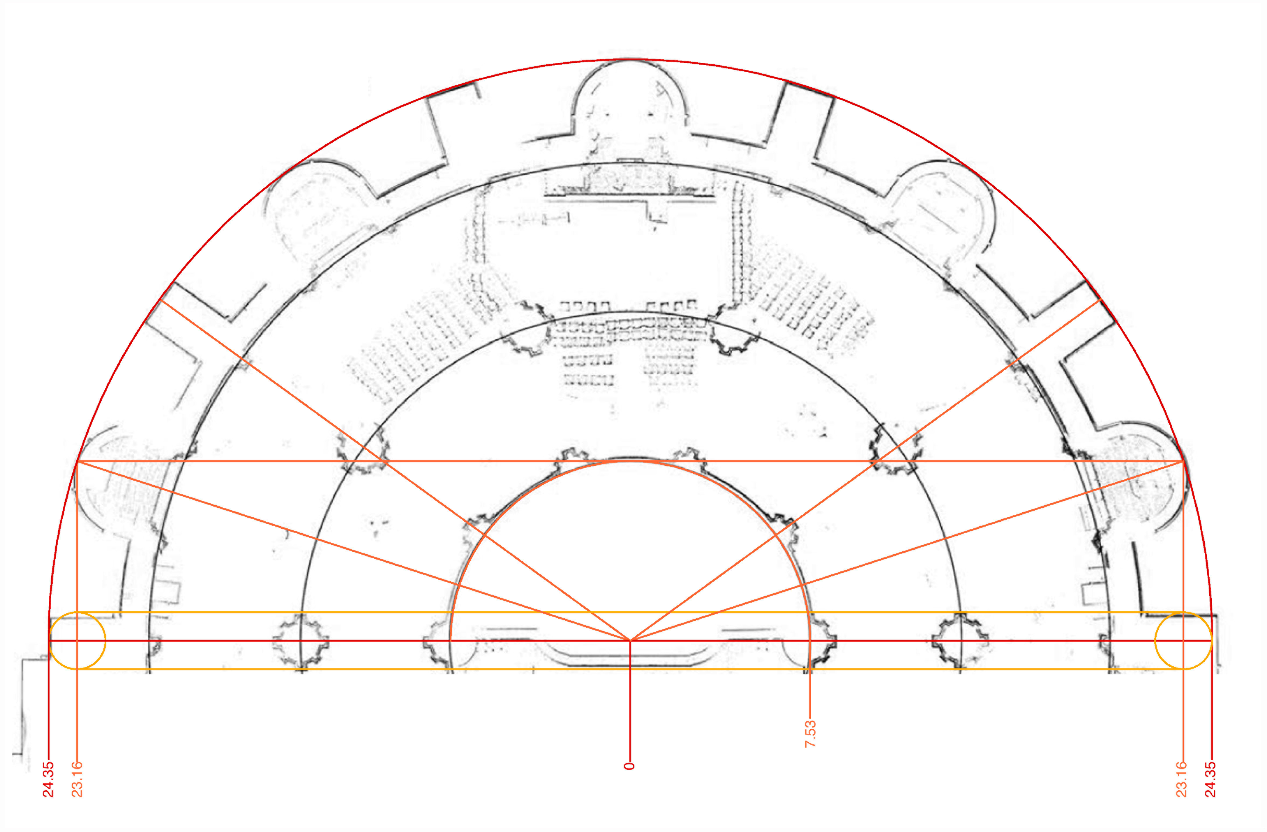 Bourges Cathedral, plan of east end, based on laser scan, showing preliminary step in generation of aisle widths.