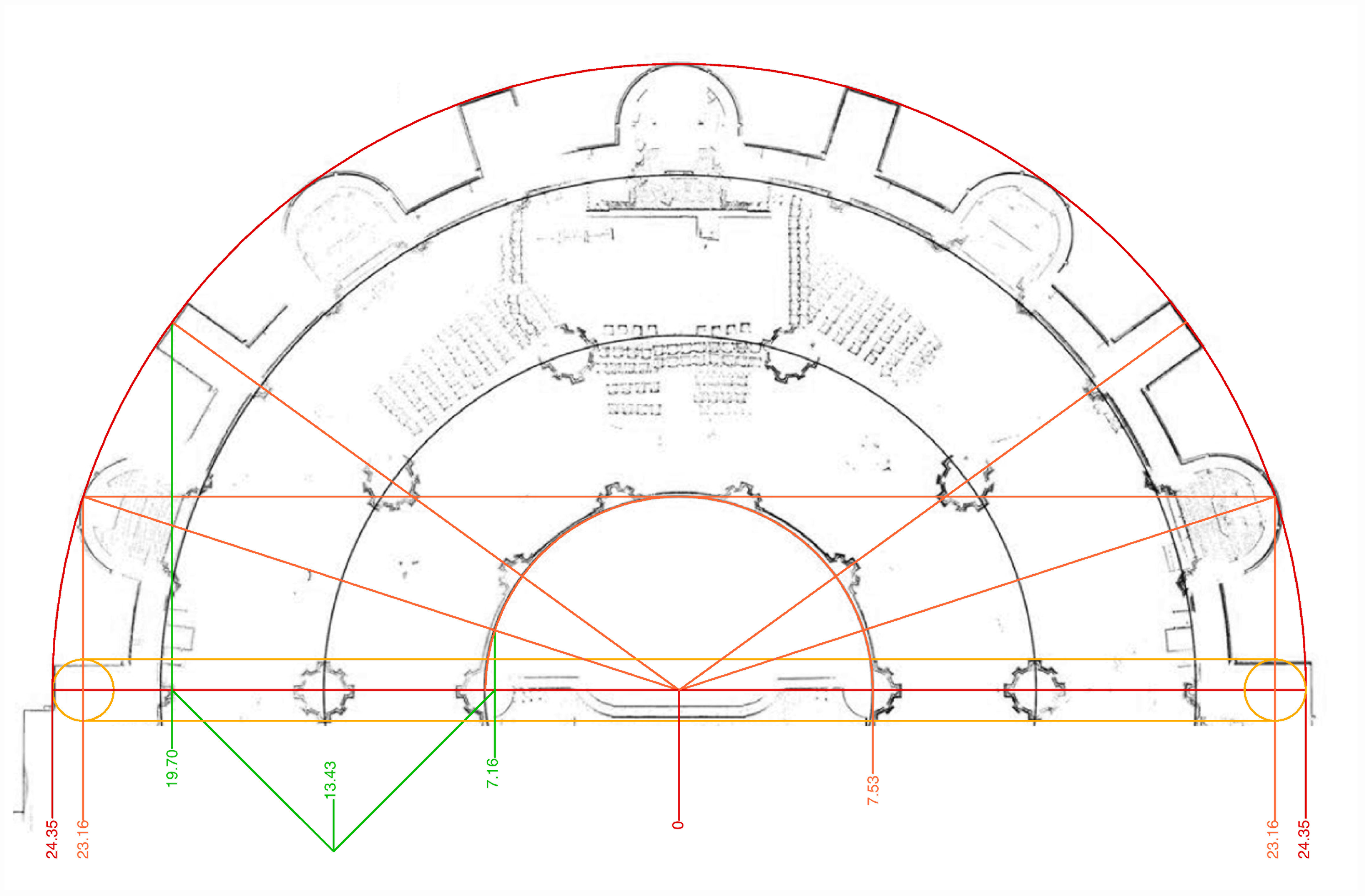 Bourges Cathedral, plan of east end, based on laser scan, showing final step in generation of aisle widths.