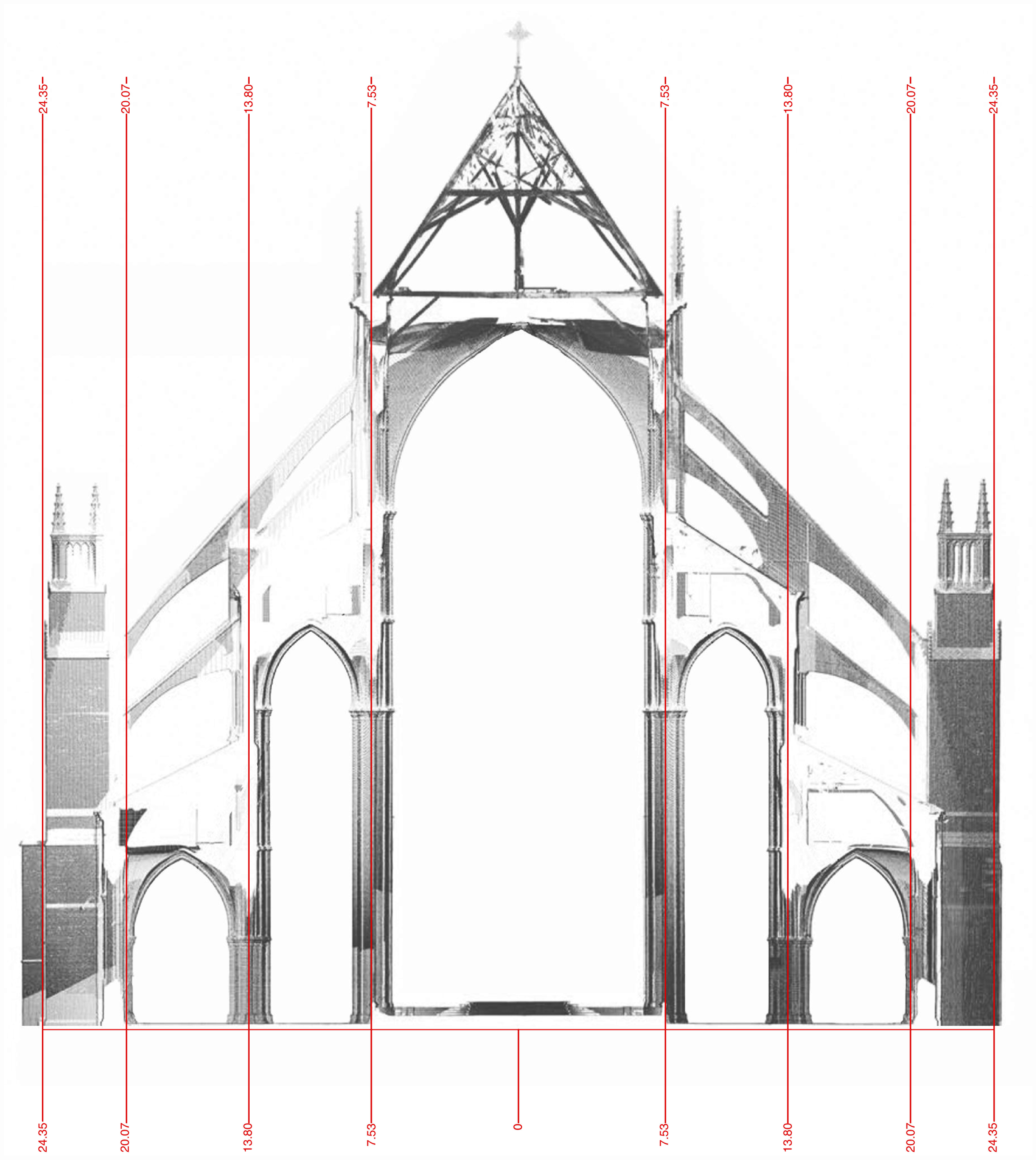 Bourges Cathedral, vertical section of eastern straight bay, showing secondary widths established in the plan.